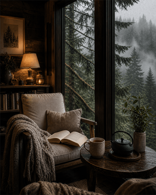 Rain on cedar, a book, nowhere to be